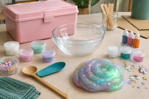 Kit de slime licorne avec petits contenants, poudres colorées, décorations et slime scintillant sur une table