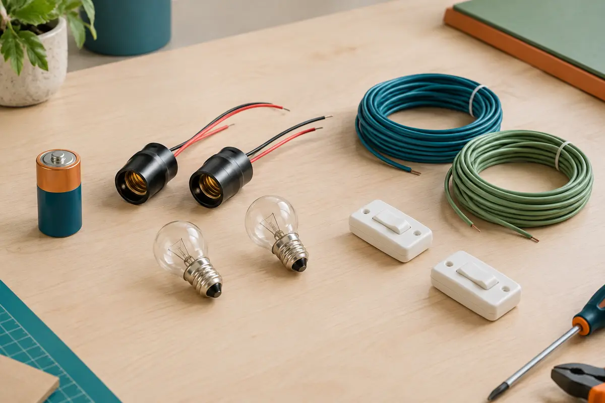 Composants d’un kit électrique pour enfants, avec pile, ampoules, interrupteurs et câble sur une table claire.