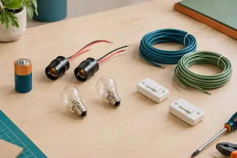 Composants d’un kit électrique pour enfants, avec pile, ampoules, interrupteurs et câble sur une table claire.