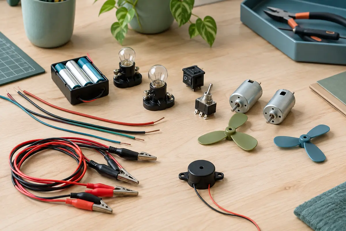 Kit de circuits électriques avec ampoules, fils à pinces crocodiles, moteurs et interrupteurs sur une table claire