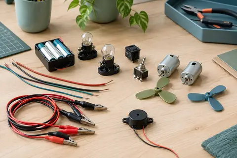 Kit de circuits électriques avec ampoules, fils à pinces crocodiles, moteurs et interrupteurs sur une table claire