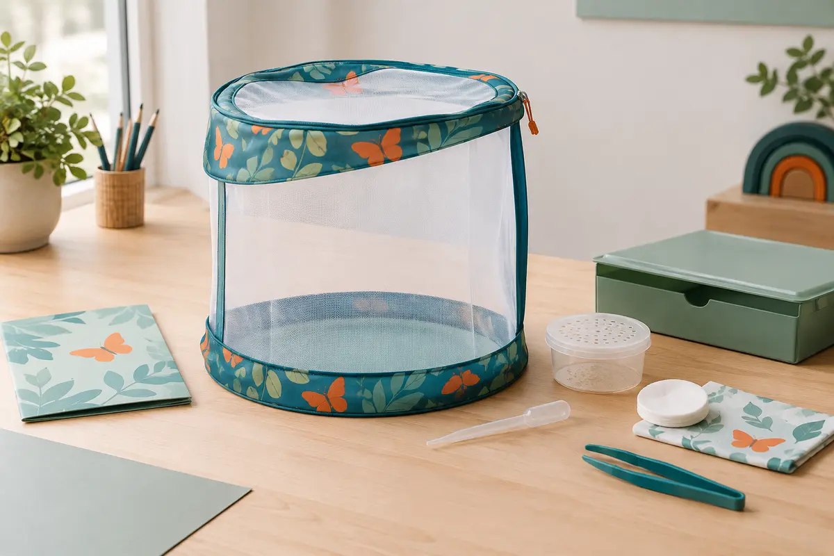 Serre colorée du kit d’élevage de papillons avec sa pipette, posée sur une table de travail claire