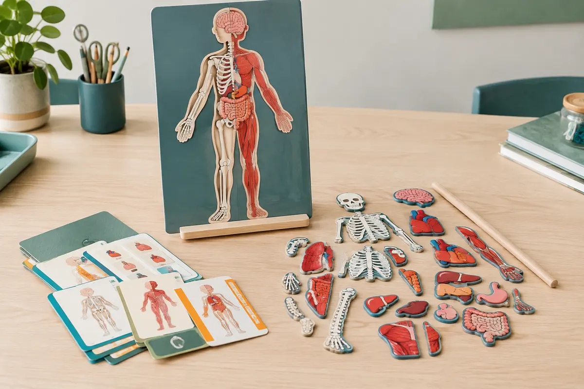 Jeu d’anatomie magnétique avec support illustré, magnets du corps humain, cartes et baguette en bois