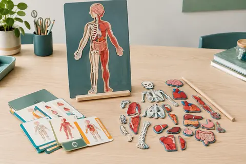 Jeu d’anatomie magnétique avec support illustré, magnets du corps humain, cartes et baguette en bois