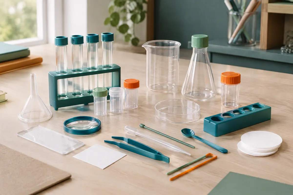 Outils en plastique d’un kit d’expériences scientifiques disposés sur une table de travail claire