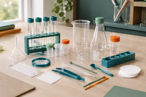 Outils en plastique d’un kit d’expériences scientifiques disposés sur une table de travail claire