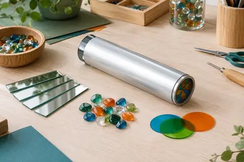 Kaléidoscope argenté à construire posé avec ses miroirs, filtres et pierres colorées sur une table claire.