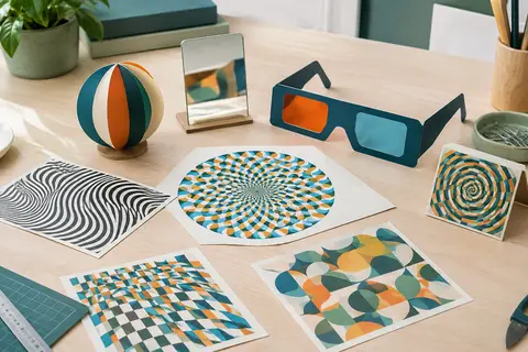 Kit d’illusions optiques avec sphéricon, miroir, lunettes et feuilles d’expériences sur une table claire.