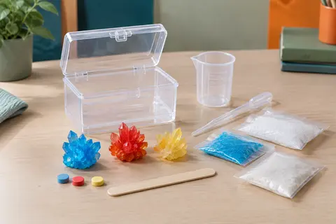 Kit de culture de cristaux avec pipette, verre doseur et coffre transparent sur une table claire