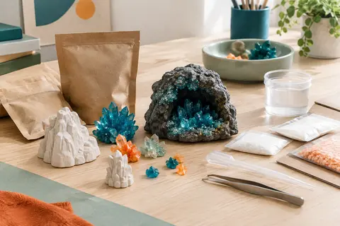 Kit de cristaux avec grotte scintillante, figurines en plâtre, pipette et outils sur une table claire.