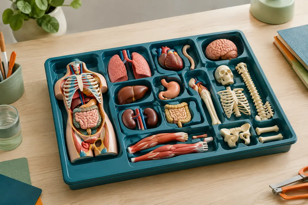Modèles anatomiques en plastique multicolores disposés dans leur plateau de rangement sur une table claire