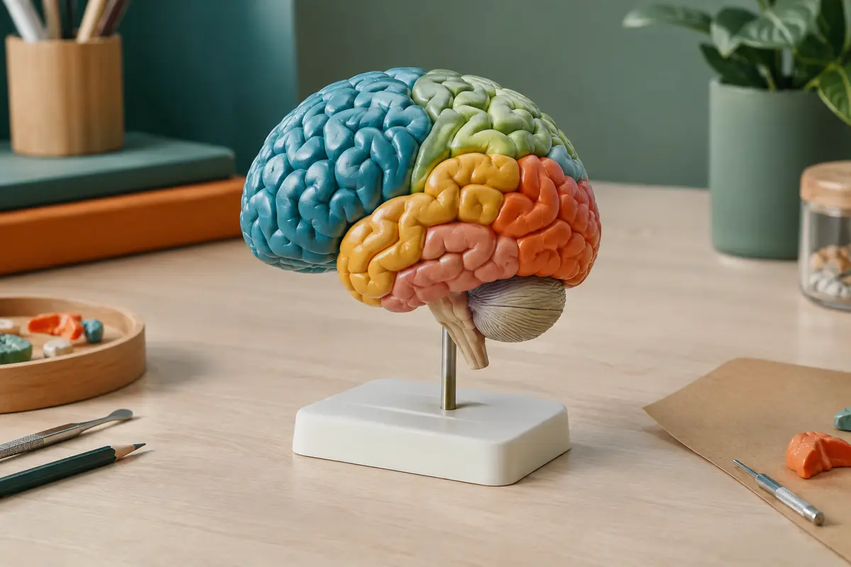 Modèle anatomique multicolore du cerveau humain assemblé et posé sur son support de présentation