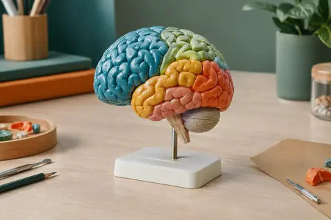 Modèle anatomique multicolore du cerveau humain assemblé et posé sur son support de présentation