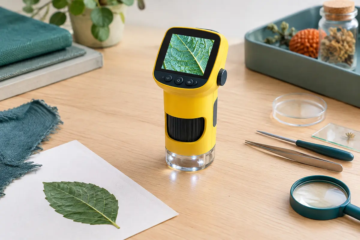 Microscope numérique de poche jaune avec écran intégré, posé sur une table claire près de feuilles et de textiles.