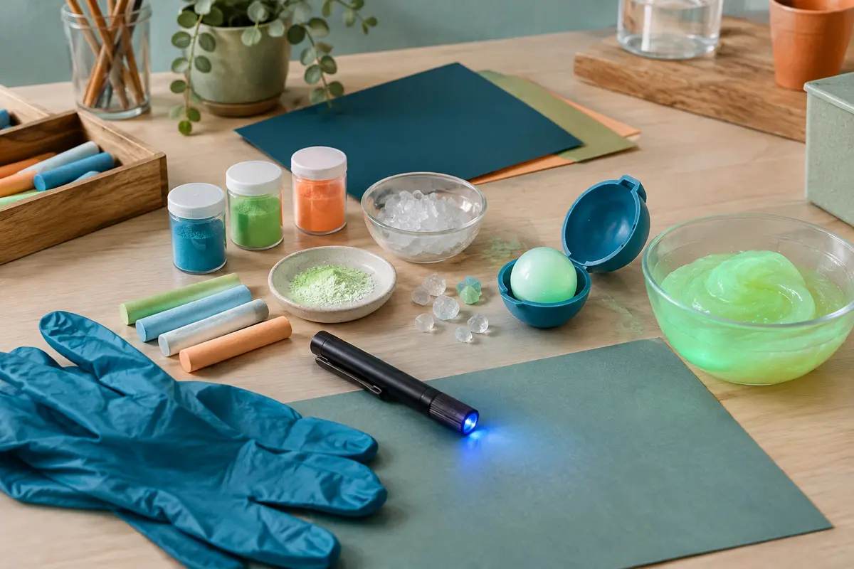 Kit scientifique phosphorescent avec craies, pigments, moule, cristaux et slime lumineux sur une table claire.