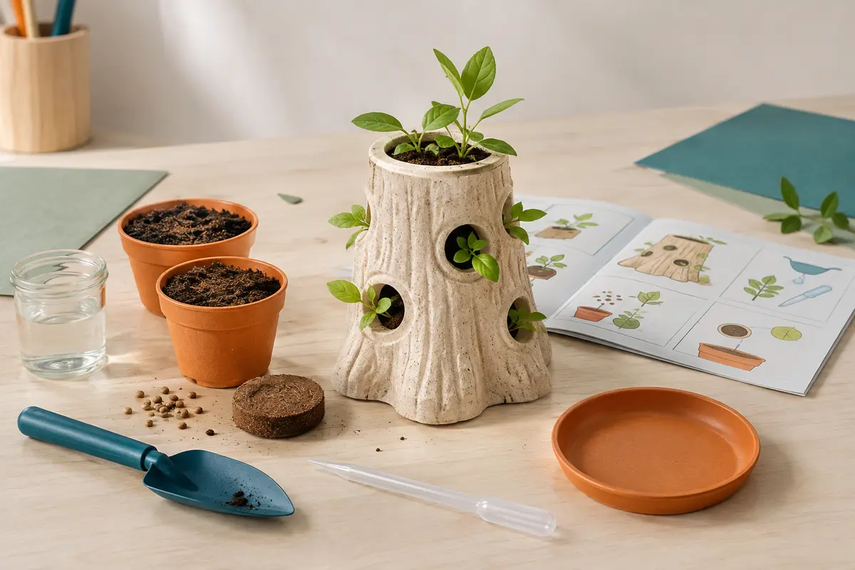 Kit botanique avec tourbe, graines, petits outils et base d’arbre bioplastique sur une table claire