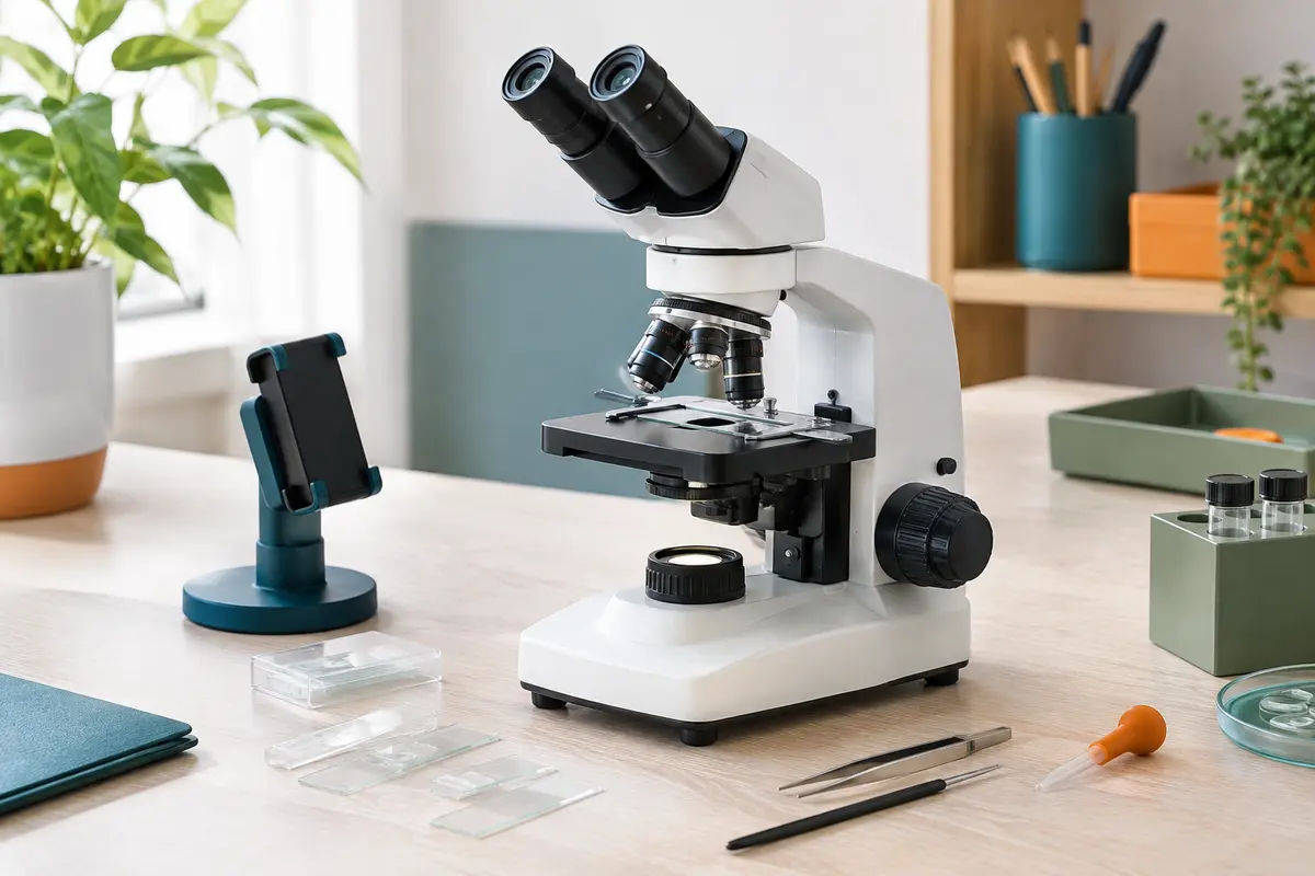 Microscope binoculaire blanc avec ses oculaires, posé sur une table claire près de lames et d’un support pour smartphone