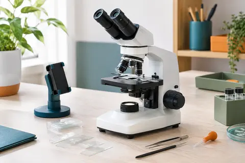 Microscope binoculaire blanc avec ses oculaires, posé sur une table claire près de lames et d’un support pour smartphone