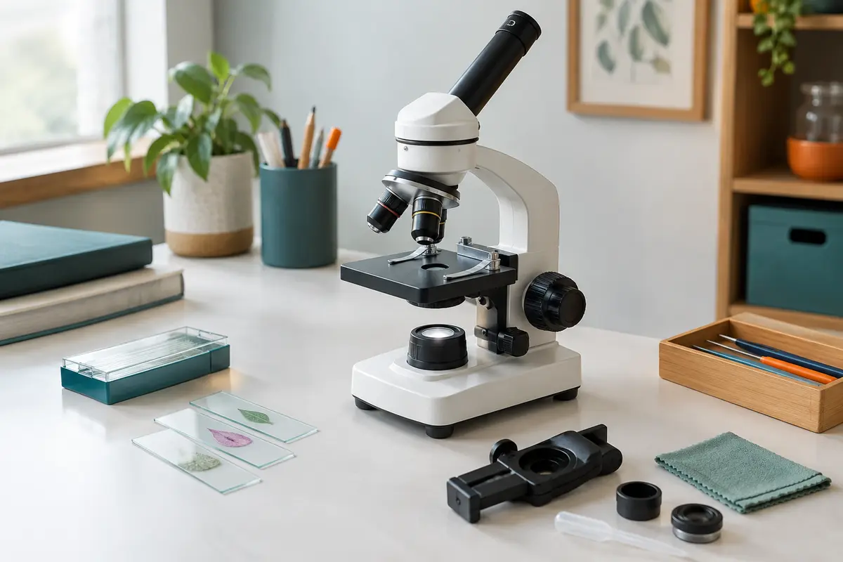 Microscope monoculaire blanc avec objectifs, lames préparées et adaptateur pour smartphone sur une table claire.