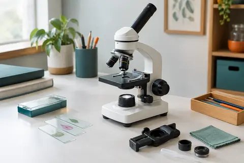 Microscope monoculaire blanc avec objectifs, lames préparées et adaptateur pour smartphone sur une table claire.