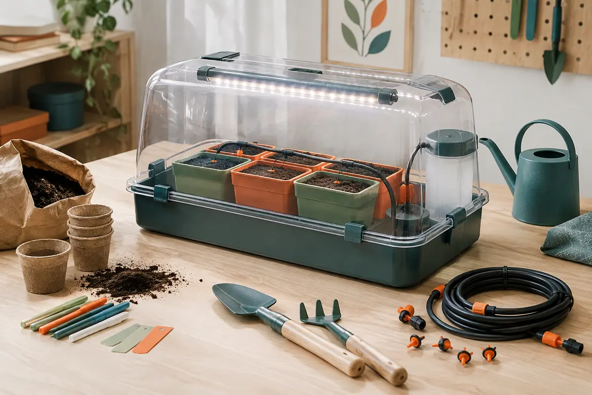 Kit de culture botanique en plastique avec pots, tuyau goutte à goutte, outils et éclairage LED