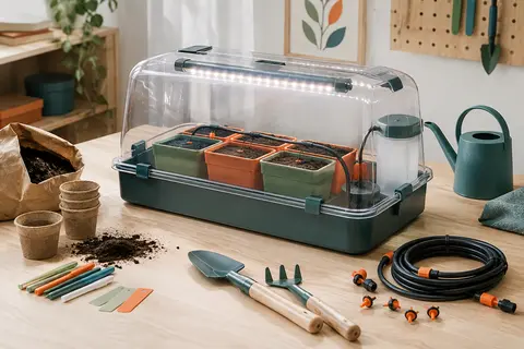 Kit de culture botanique en plastique avec pots, tuyau goutte à goutte, outils et éclairage LED