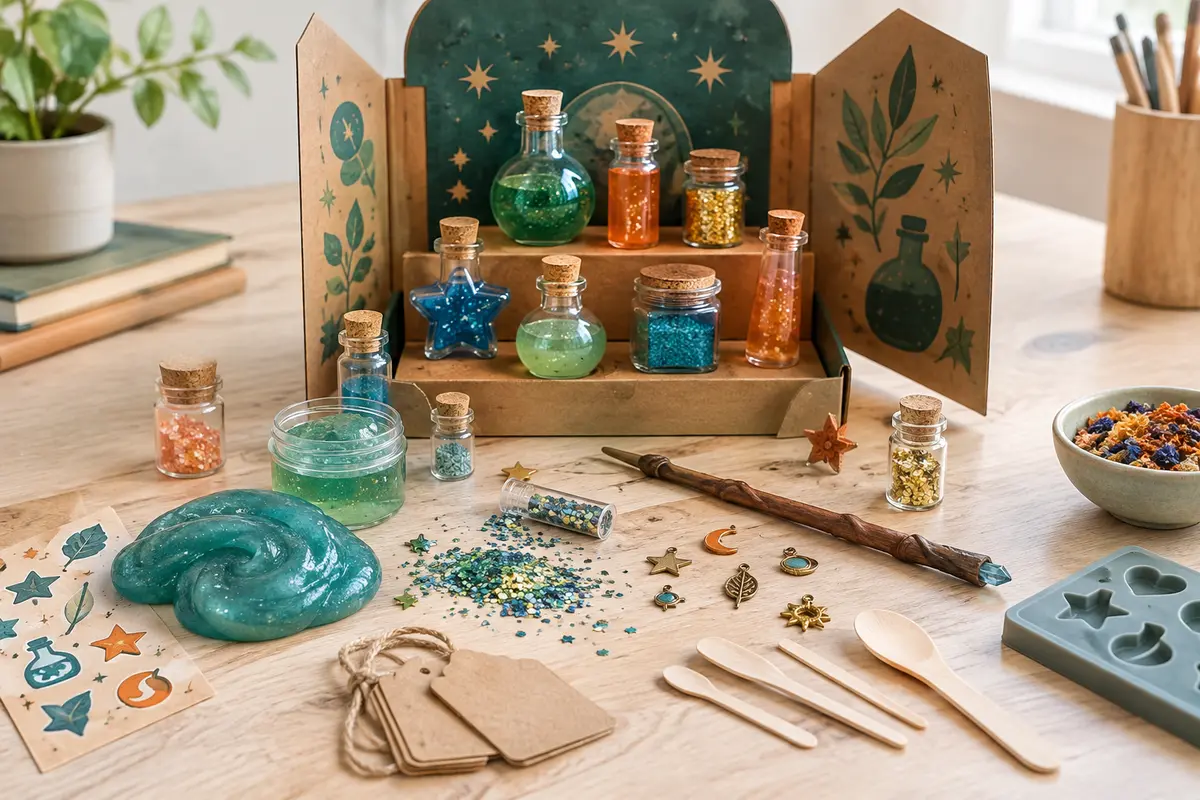 Kit de potions et slime avec mini-flacons, bouchons en liège, baguette et décorations sur une table claire