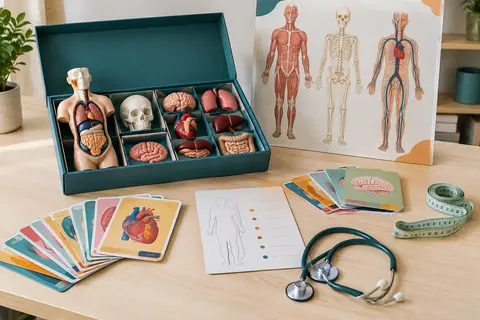 Coffret d’anatomie avec poster du corps humain, cartes et stéthoscope sur une table claire
