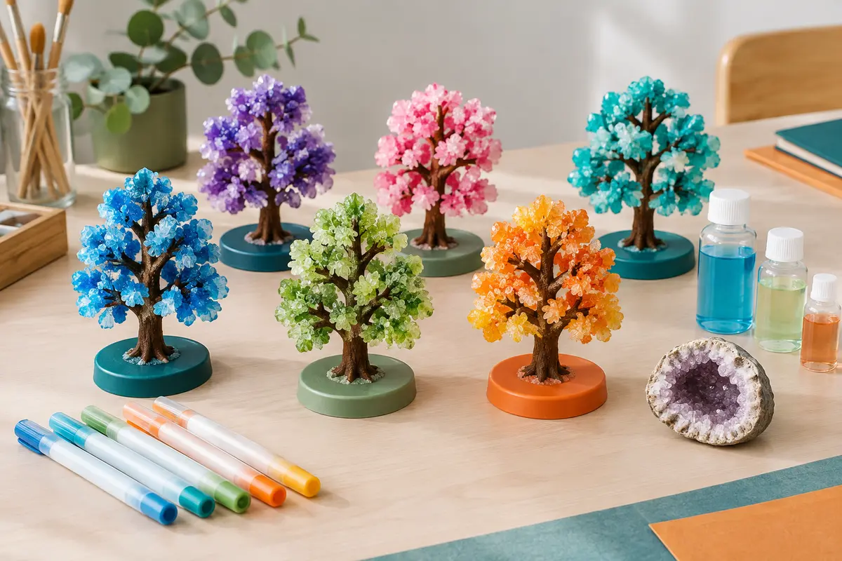Six arbres en cristal colorés avec marqueurs aquarelle, flacons de solution et échantillon de géode