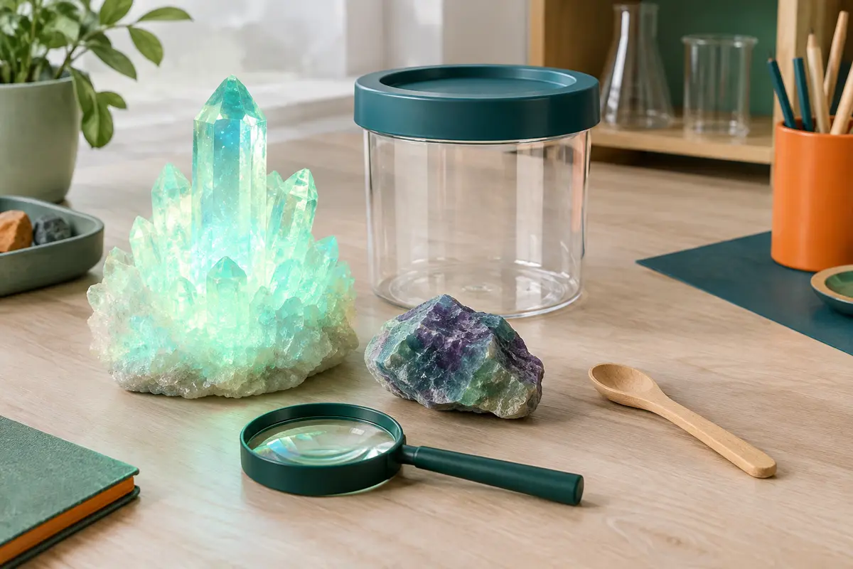 Kit de cristaux avec cristal phosphorescent, fluorite, loupe et cuillère en bois sur une table claire