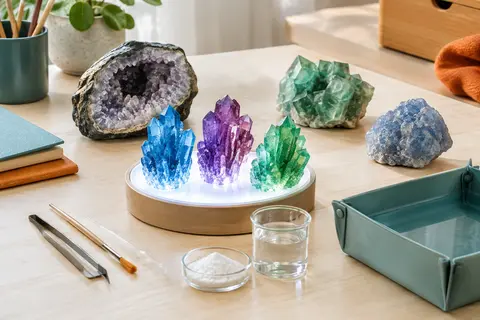 Trois cristaux colorés sur un socle lumineux, accompagnés d’une géode, d’une fluorite et d’une calcite.