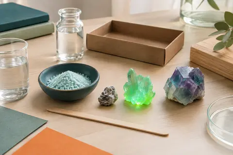 Kit de culture de cristaux avec cristal vert phosphorescent et spécimen de fluorite sur une table claire.