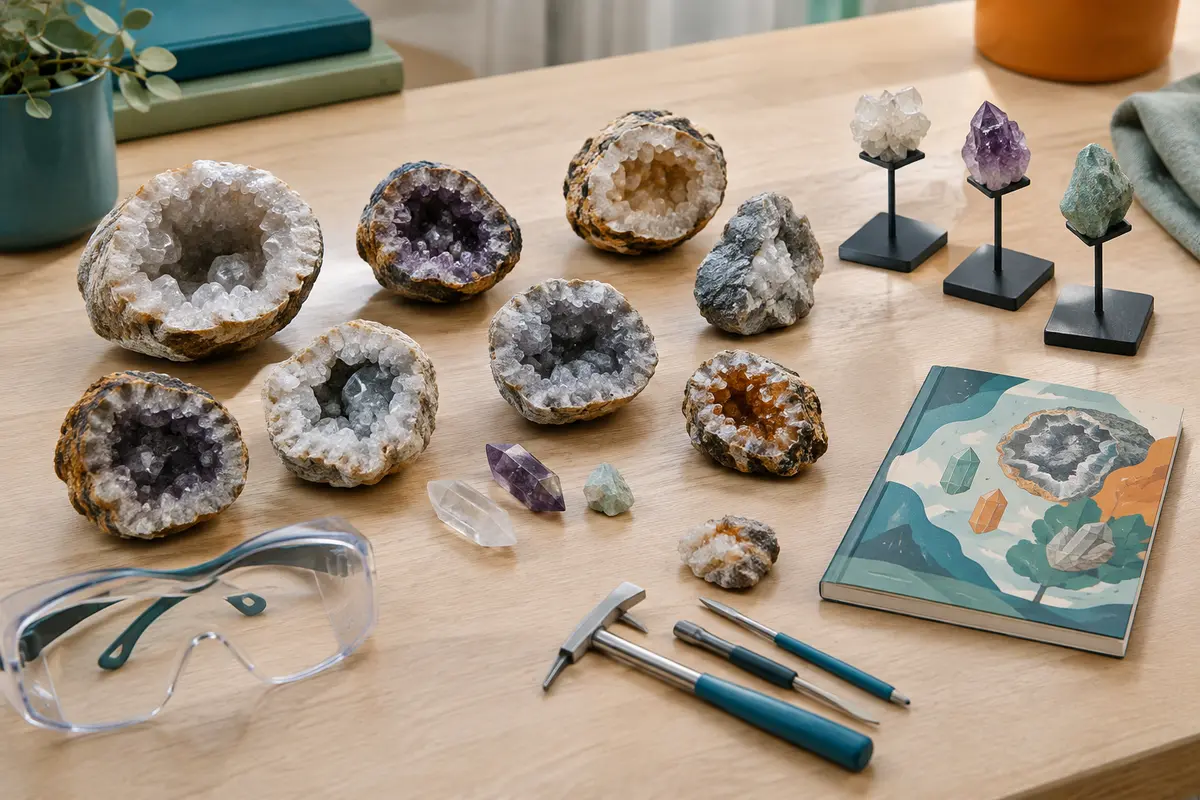 Dix géodes naturelles, des cristaux, des lunettes de protection et des supports d’exposition sur une table