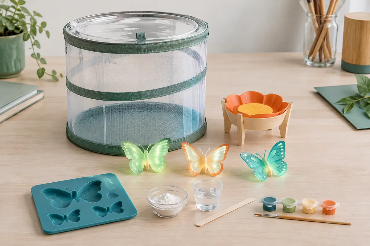 Kit d’observation de papillons avec enceinte en maille, mangeoire, figurines et activité de moulage sur une table claire.