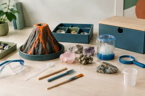 Kit scientifique avec volcan réutilisable, cristal en croissance, roches et outils sur une table claire
