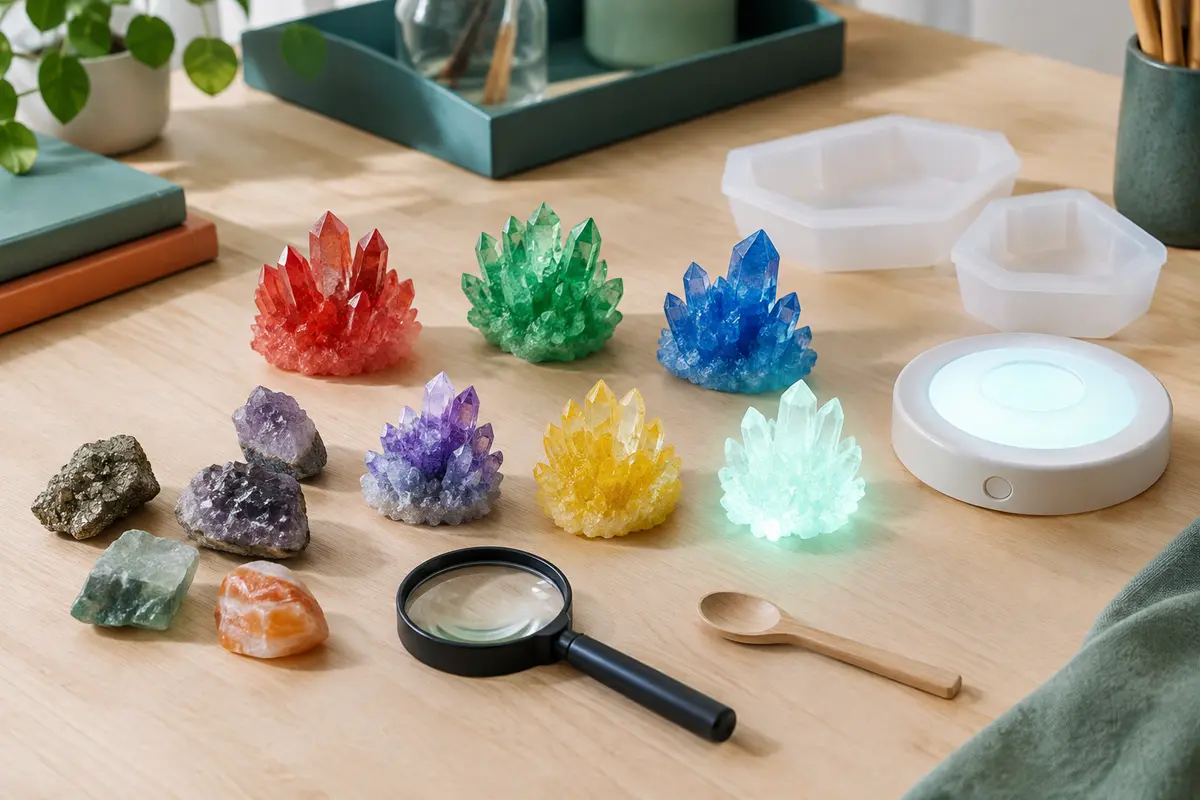 Kit de cristaux à cultiver avec six teintes, quatre minéraux, une loupe et un socle lumineux