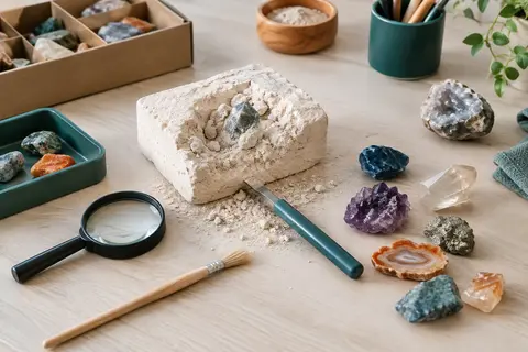 Kit de fouille avec bloc à creuser, outils d’excavation, loupe et pierres précieuses découvertes