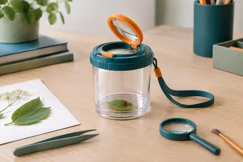 Boîte d’observation des insectes en plastique avec loupe rabattable posée sur une table claire