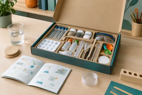 Kit d’expériences scientifiques Patifeed ouvert avec ses outils et matériaux rangés sur une table claire.