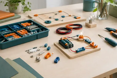 Kit de circuits électriques et pièces de montage disposés sur une table claire pour des expériences de physique