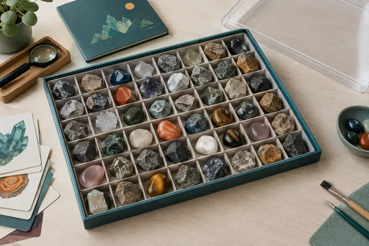 Grande boîte plate à casiers garnis de petites pierres polies et de minéraux bruts, avec cartes illustrées et guide sur une table claire