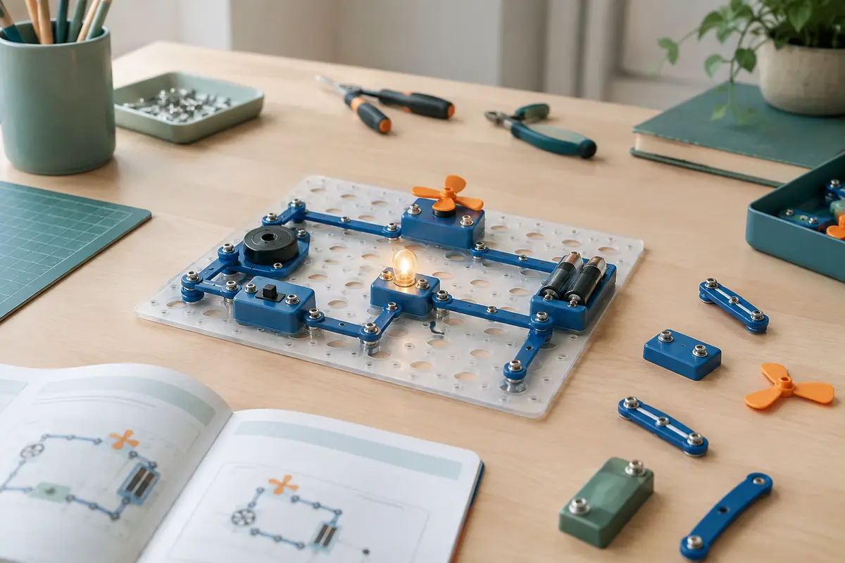 Kit de circuits à emboîter bleu posé sur une table claire avec sa plaque de base et ses modules électroniques.