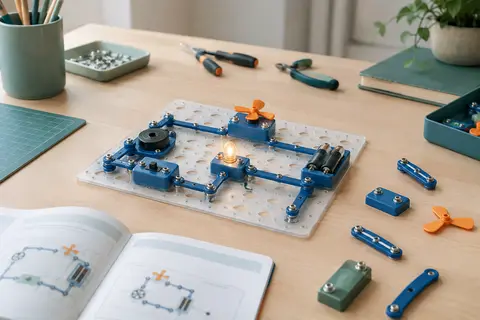 Kit de circuits à emboîter bleu posé sur une table claire avec sa plaque de base et ses modules électroniques.