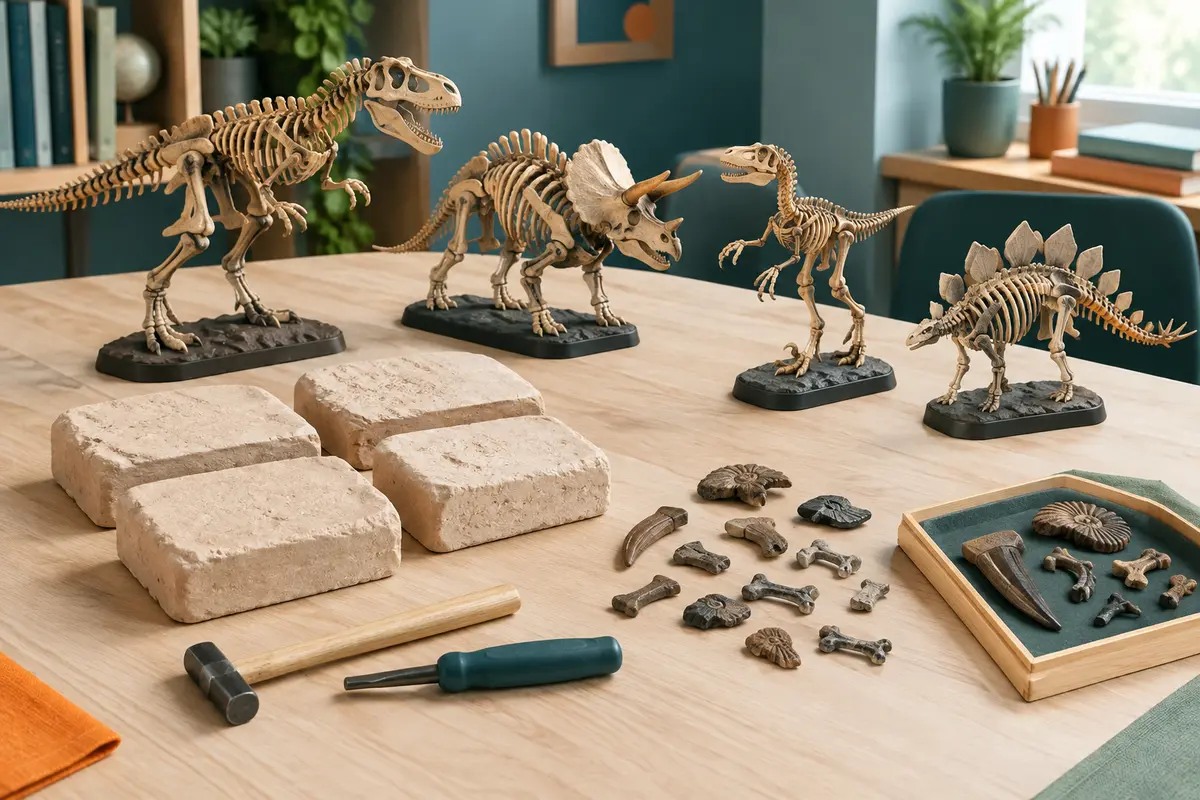 Kit de fouille avec blocs, marteau, burin et squelettes assemblés de quatre dinosaures