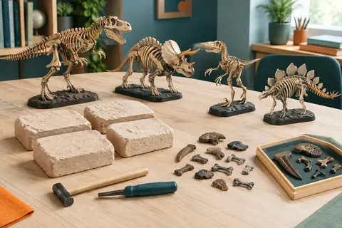 Kit de fouille avec blocs, marteau, burin et squelettes assemblés de quatre dinosaures