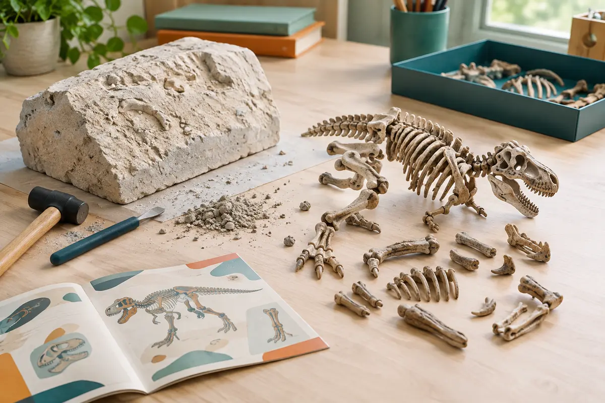 Kit de fouille avec bloc, marteau, burin et pièces à assembler en fossile de T-Rex