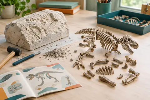 Kit de fouille avec bloc, marteau, burin et pièces à assembler en fossile de T-Rex