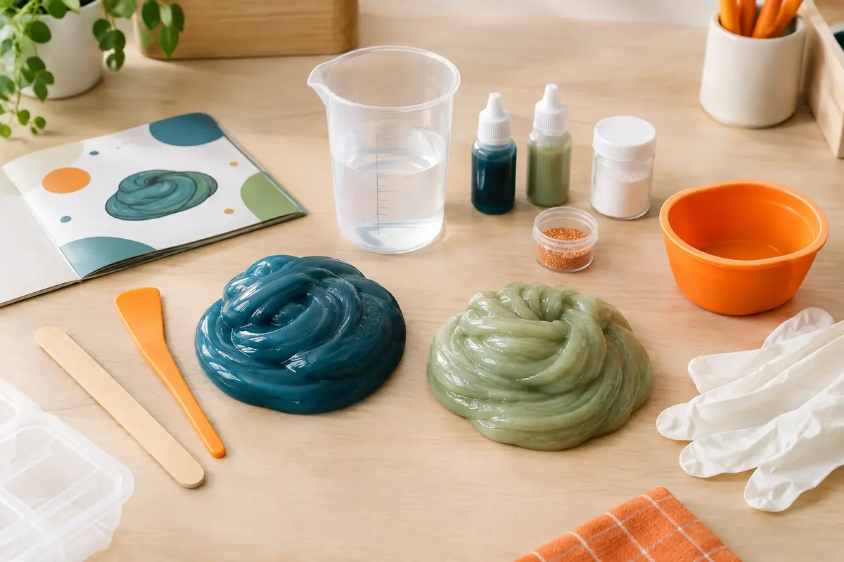 Kit de slime avec créations bleues et vertes, verre à mesurer, gants et spatules sur une table claire