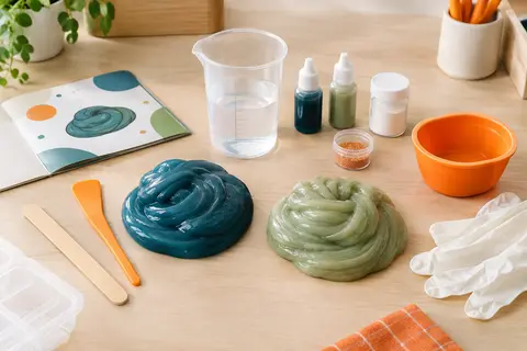 Kit de slime avec créations bleues et vertes, verre à mesurer, gants et spatules sur une table claire