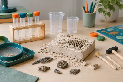 Kit de chimie Science4you avec tubes, verres doseurs et fouille de fossile de dinosaure sur une table